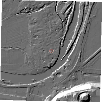 Shaded relief map of the ground around SL46AE, computed from Environment Agency LiDAR. The ground here sits at about 20 m above sea level and falls 48 m across the surrounding 800 m. Surface water reaching this point runs off ground lying to the south-west, 1.3 m higher.