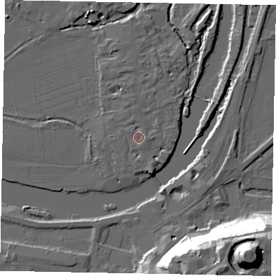 Shaded relief map of the ground around SL46AF, computed from Environment Agency LiDAR. The ground here sits at about 20 m above sea level and falls 48 m across the surrounding 800 m. Surface water reaching this point runs off ground lying to the south, 1.8 m higher.
