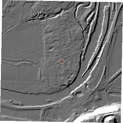 Shaded relief map of the ground around SL46AG, computed from Environment Agency LiDAR. The ground here sits at about 20 m above sea level and falls 48 m across the surrounding 800 m. Surface water reaching this point runs off ground lying to the south, 1.8 m higher.