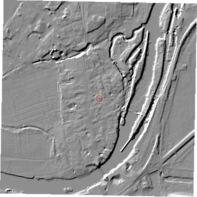 Shaded relief map of the ground around SL46AH, computed from Environment Agency LiDAR. The ground here sits at about 20 m above sea level and falls 16 m across the surrounding 800 m. Surface water reaching this point runs off ground lying to the east-north-east, 0.8 m higher.