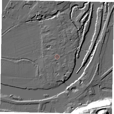 Shaded relief map of the ground around SL46AJ, computed from Environment Agency LiDAR. The ground here sits at about 20 m above sea level and falls 48 m across the surrounding 800 m. Surface water reaching this point runs off ground lying to the south, 1.8 m higher.