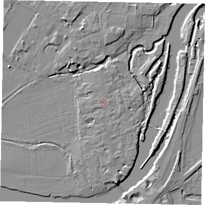 Shaded relief map of the ground around SL46AN, computed from Environment Agency LiDAR. The ground here sits at about 20 m above sea level and falls 16 m across the surrounding 800 m. The ground contributing surface water to this point lies to the south-south-east.