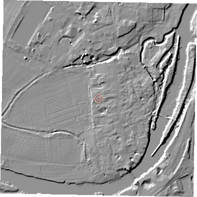 Shaded relief map of the ground around SL46AP, computed from Environment Agency LiDAR. The ground here sits at about 20 m above sea level and falls 16 m across the surrounding 800 m. Surface water reaching this point runs off ground lying to the south-east, 1.1 m higher.