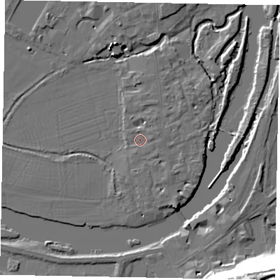 Shaded relief map of the ground around SL46AQ, computed from Environment Agency LiDAR. The ground here sits at about 20 m above sea level and falls 37 m across the surrounding 800 m. Surface water reaching this point runs off ground lying to the east-north-east, 1.1 m higher.