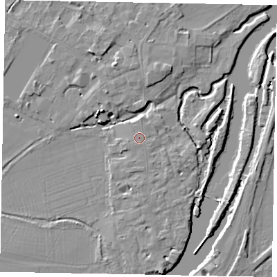 Shaded relief map of the ground around SL46AR, computed from Environment Agency LiDAR. The ground here sits at about 20 m above sea level and falls 16 m across the surrounding 800 m. The ground contributing surface water to this point lies to the north.