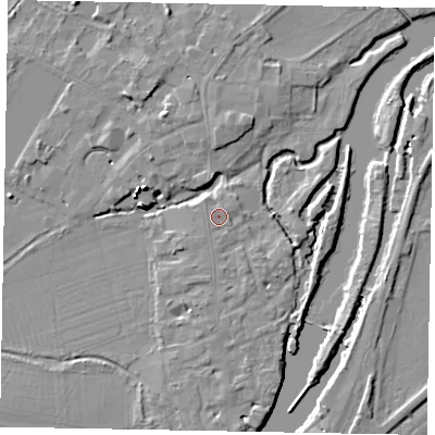 Shaded relief map of the ground around SL46AS, computed from Environment Agency LiDAR. The ground here sits at about 20 m above sea level and falls 16 m across the surrounding 800 m. Surface water reaching this point runs off ground lying to the north-west, 0.7 m higher.