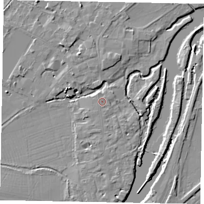 Shaded relief map of the ground around SL46AU, computed from Environment Agency LiDAR. The ground here sits at about 20 m above sea level and falls 16 m across the surrounding 800 m. Surface water reaching this point runs off ground lying to the north-north-west, 0.7 m higher.
