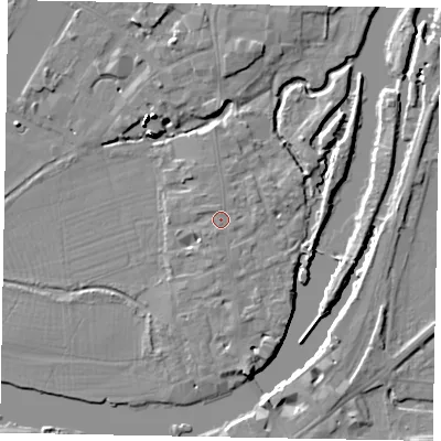 Shaded relief map of the ground around SL46AW, computed from Environment Agency LiDAR. The ground here sits at about 20 m above sea level and falls 16 m across the surrounding 800 m. Surface water reaching this point runs off ground lying to the south-west, 1.1 m higher.