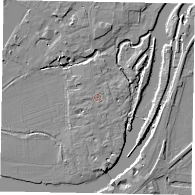 Shaded relief map of the ground around SL46AX, computed from Environment Agency LiDAR. The ground here sits at about 20 m above sea level and falls 16 m across the surrounding 800 m. Surface water reaching this point runs off ground lying to the south-south-west, 0.7 m higher.