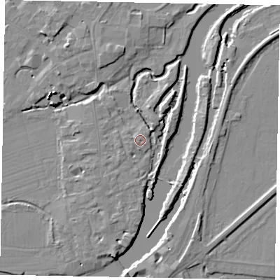 Shaded relief map of the ground around SL46AZ, computed from Environment Agency LiDAR. The ground here sits at about 20 m above sea level and falls 16 m across the surrounding 800 m. Surface water reaching this point runs off ground lying to the west-south-west, 1.2 m higher.