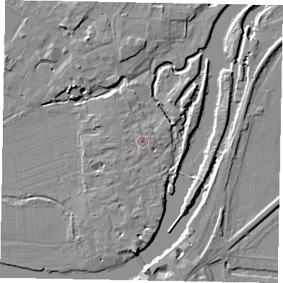 Shaded relief map of the ground around SL46BA, computed from Environment Agency LiDAR. The ground here sits at about 20 m above sea level and falls 16 m across the surrounding 800 m. Surface water reaching this point runs off ground lying to the south-south-west, 0.8 m higher.