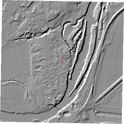 Shaded relief map of the ground around SL46BB, computed from Environment Agency LiDAR. The ground here sits at about 20 m above sea level and falls 16 m across the surrounding 800 m. Surface water reaching this point runs off ground lying to the west, 1.1 m higher.