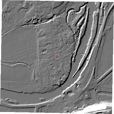 Shaded relief map of the ground around SL46BD, computed from Environment Agency LiDAR. The ground here sits at about 20 m above sea level and falls 38 m across the surrounding 800 m. Surface water reaching this point runs off ground lying to the north-north-east, 0.6 m higher.