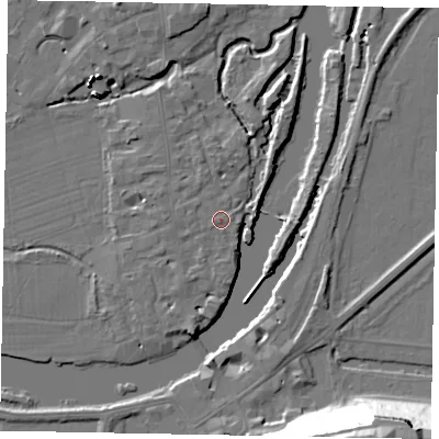 Shaded relief map of the ground around SL46BG, computed from Environment Agency LiDAR. The ground here sits at about 20 m above sea level and falls 38 m across the surrounding 800 m. Surface water reaching this point runs off ground lying to the north-north-west, 0.9 m higher.