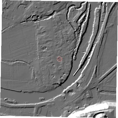 Shaded relief map of the ground around SL46BH, computed from Environment Agency LiDAR. The ground here sits at about 20 m above sea level and falls 48 m across the surrounding 800 m. Surface water reaching this point runs off ground lying to the south-south-west, 1.8 m higher.