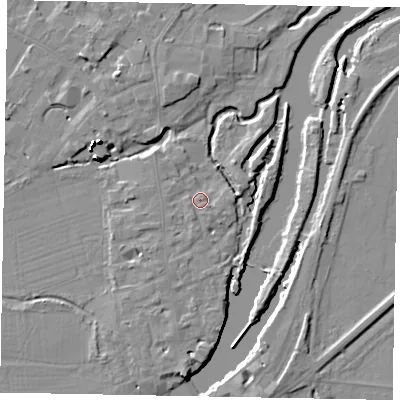 Shaded relief map of the ground around SL46BJ, computed from Environment Agency LiDAR. The ground here sits at about 20 m above sea level and falls 16 m across the surrounding 800 m. Surface water reaching this point runs off ground lying to the south-south-west, 1.6 m higher.