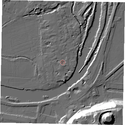 Shaded relief map of the ground around SL46BL, computed from Environment Agency LiDAR. The ground here sits at about 20 m above sea level and falls 48 m across the surrounding 800 m. Surface water reaching this point runs off ground lying to the south, 1.1 m higher.