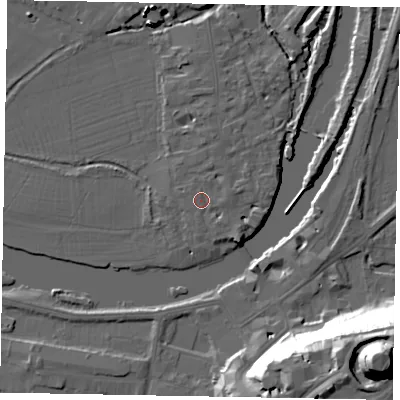 Shaded relief map of the ground around SL46BN, computed from Environment Agency LiDAR. The ground here sits at about 21 m above sea level and falls 48 m across the surrounding 800 m. Surface water reaching this point runs off ground lying to the south-east, 1.8 m higher.