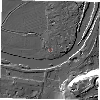 Shaded relief map of the ground around SL46BP, computed from Environment Agency LiDAR. The ground here sits at about 20 m above sea level and falls 43 m across the surrounding 800 m. Surface water reaching this point runs off ground lying to the east, 1.0 m higher.