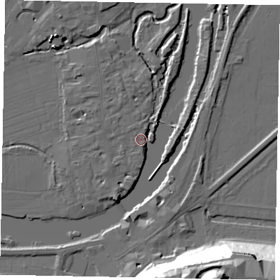 Shaded relief map of the ground around SL46BQ, computed from Environment Agency LiDAR. The ground here sits at about 20 m above sea level and falls 48 m across the surrounding 800 m. Surface water reaching this point runs off ground lying to the south-south-west, 5.6 m higher.