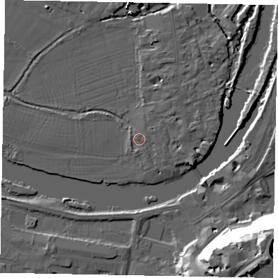 Shaded relief map of the ground around SL46BS, computed from Environment Agency LiDAR. The ground here sits at about 20 m above sea level and falls 35 m across the surrounding 800 m. Surface water reaching this point runs off ground lying to the east-north-east, 0.7 m higher.