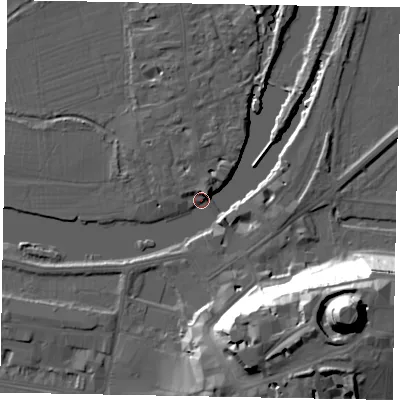 Shaded relief map of the ground around SL46BT, computed from Environment Agency LiDAR. The ground here sits at about 19 m above sea level and falls 48 m across the surrounding 800 m. Surface water reaching this point runs off ground lying to the north-east, 5.6 m higher.