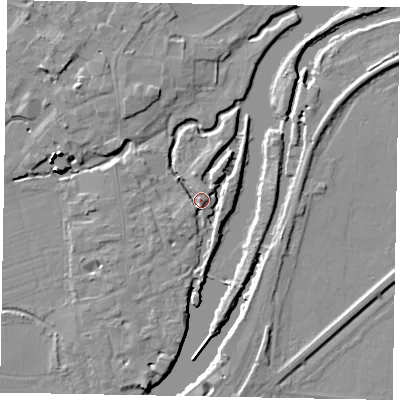 Shaded relief map of the ground around SL46BU, computed from Environment Agency LiDAR. The ground here sits at about 21 m above sea level and falls 16 m across the surrounding 800 m. Surface water reaching this point runs off ground lying to the north-west, 4.2 m higher.