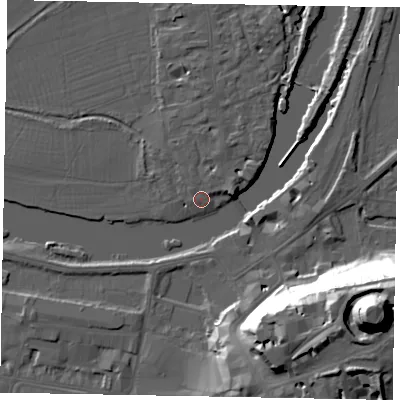 Shaded relief map of the ground around SL46BW, computed from Environment Agency LiDAR. The ground here sits at about 20 m above sea level and falls 48 m across the surrounding 800 m. Surface water reaching this point runs off ground lying to the east-north-east, 2.3 m higher.