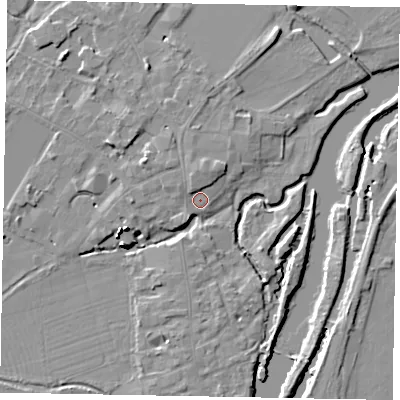 Shaded relief map of the ground around SL46DB, computed from Environment Agency LiDAR. The ground here sits at about 20 m above sea level and falls 16 m across the surrounding 800 m. Surface water reaching this point runs off ground lying to the north-north-west, 2.0 m higher.