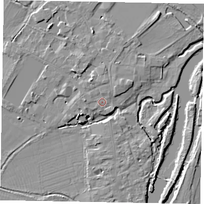 Shaded relief map of the ground around SL46DD, computed from Environment Agency LiDAR. The ground here sits at about 20 m above sea level and falls 16 m across the surrounding 800 m. Surface water reaching this point runs off ground lying to the north-east, 1.3 m higher.