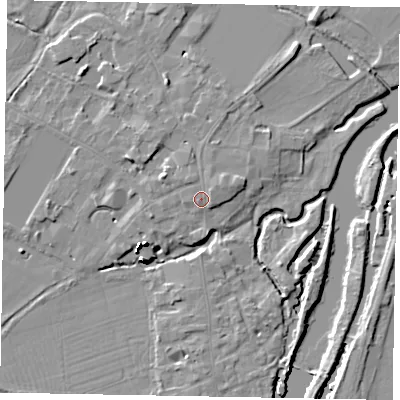 Shaded relief map of the ground around SL46DE, computed from Environment Agency LiDAR. The ground here sits at about 21 m above sea level and falls 16 m across the surrounding 800 m. Surface water reaching this point runs off ground lying to the north-east, 1.2 m higher.