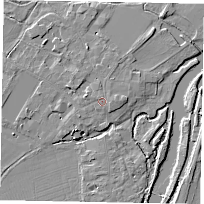 Shaded relief map of the ground around SL46DG, computed from Environment Agency LiDAR. The ground here sits at about 21 m above sea level and falls 16 m across the surrounding 800 m. Surface water reaching this point runs off ground lying to the east, 0.9 m higher.