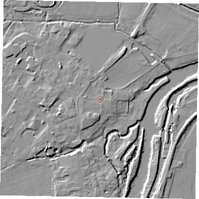Shaded relief map of the ground around SL46DH, computed from Environment Agency LiDAR. The ground here sits at about 20 m above sea level and falls 15 m across the surrounding 800 m. Surface water reaching this point runs off ground lying to the west, 1.0 m higher.
