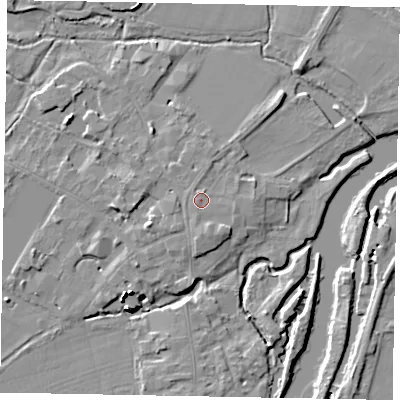 Shaded relief map of the ground around SL46DJ, computed from Environment Agency LiDAR. The ground here sits at about 21 m above sea level and falls 15 m across the surrounding 800 m. Surface water reaching this point runs off ground lying to the south, 1.1 m higher.