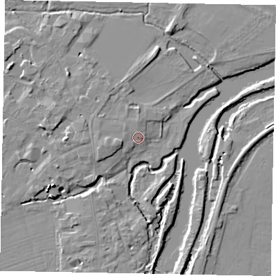 Shaded relief map of the ground around SL46DL, computed from Environment Agency LiDAR. The ground here sits at about 20 m above sea level and falls 16 m across the surrounding 800 m. Surface water reaching this point runs off ground lying to the west-south-west, 2.8 m higher.