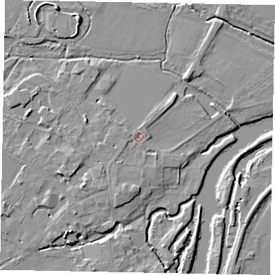 Shaded relief map of the ground around SL46DN, computed from Environment Agency LiDAR. The ground here sits at about 20 m above sea level and falls 15 m across the surrounding 800 m. Surface water reaching this point runs off ground lying to the west-north-west, 0.8 m higher.