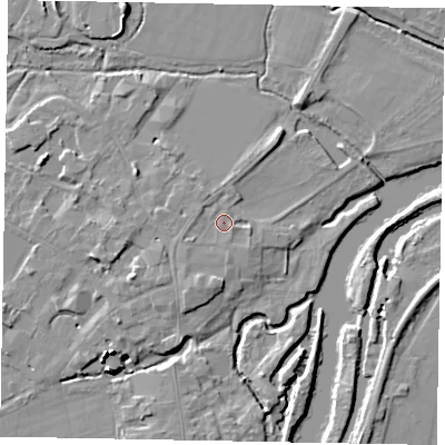 Shaded relief map of the ground around SL46DP, computed from Environment Agency LiDAR. The ground here sits at about 20 m above sea level and falls 15 m across the surrounding 800 m. Surface water reaching this point runs off ground lying to the south-west, 1.7 m higher.