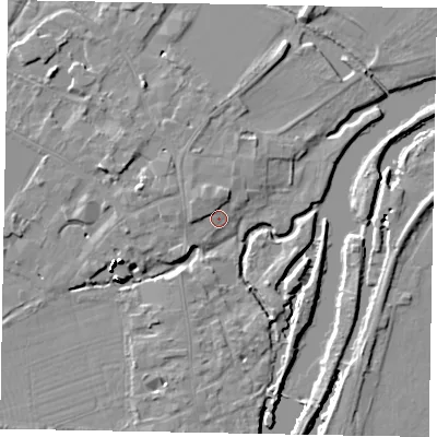 Shaded relief map of the ground around SL46DQ, computed from Environment Agency LiDAR. The ground here sits at about 20 m above sea level and falls 16 m across the surrounding 800 m. Surface water reaching this point runs off ground lying to the west-north-west, 2.0 m higher.