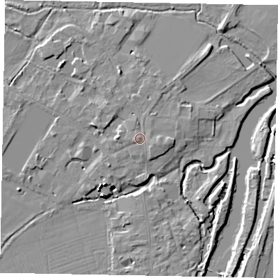 Shaded relief map of the ground around SL46DR, computed from Environment Agency LiDAR. The ground here sits at about 21 m above sea level and falls 16 m across the surrounding 800 m. Surface water reaching this point runs off ground lying to the west-south-west, 0.8 m higher.