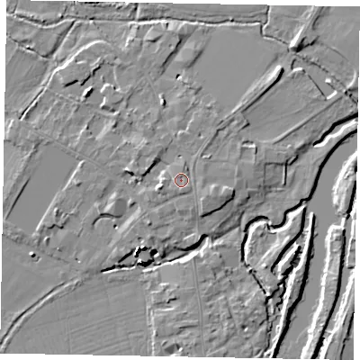 Shaded relief map of the ground around SL46DS, computed from Environment Agency LiDAR. The ground here sits at about 21 m above sea level and falls 15 m across the surrounding 800 m. Surface water reaching this point runs off ground lying to the south, 0.9 m higher.