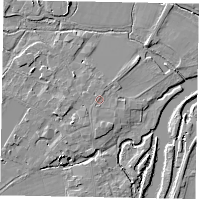 Shaded relief map of the ground around SL46DT, computed from Environment Agency LiDAR. The ground here sits at about 20 m above sea level and falls 15 m across the surrounding 800 m. Surface water reaching this point runs off ground lying to the south, 1.3 m higher.