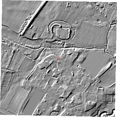 Shaded relief map of the ground around SL46DU, computed from Environment Agency LiDAR. The ground here sits at about 20 m above sea level and falls 7 m across the surrounding 800 m. Surface water reaching this point runs off ground lying to the south, 0.9 m higher.