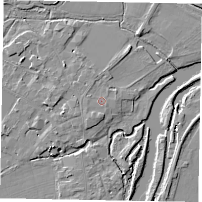 Shaded relief map of the ground around SL46DW, computed from Environment Agency LiDAR. The ground here sits at about 20 m above sea level and falls 15 m across the surrounding 800 m. Surface water reaching this point runs off ground lying to the west, 0.9 m higher.