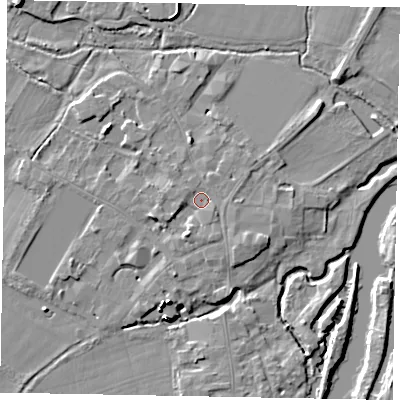 Shaded relief map of the ground around SL46DX, computed from Environment Agency LiDAR. The ground here sits at about 21 m above sea level and falls 15 m across the surrounding 800 m. Surface water reaching this point runs off ground lying to the south-south-west, 2.6 m higher.