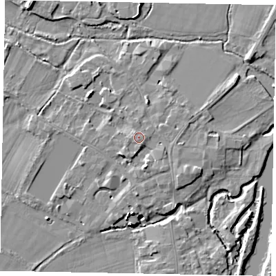 Shaded relief map of the ground around SL46DY, computed from Environment Agency LiDAR. The ground here sits at about 21 m above sea level and falls 15 m across the surrounding 800 m. Surface water reaching this point runs off ground lying to the south, 0.8 m higher.