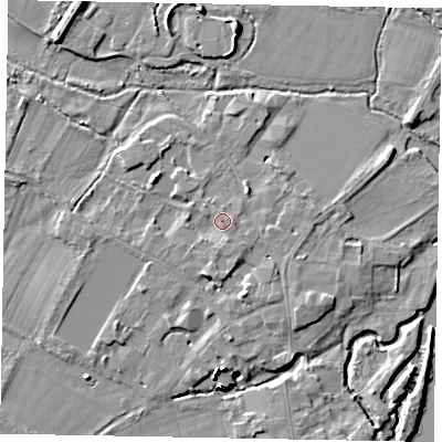 Shaded relief map of the ground around SL46DZ, computed from Environment Agency LiDAR. The ground here sits at about 21 m above sea level and falls 15 m across the surrounding 800 m. Surface water reaching this point runs off ground lying to the south, 1.9 m higher.