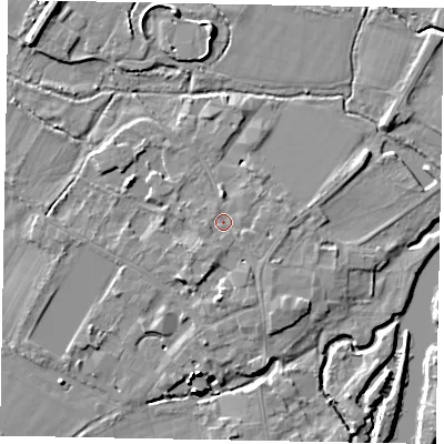 Shaded relief map of the ground around SL46EA, computed from Environment Agency LiDAR. The ground here sits at about 20 m above sea level and falls 15 m across the surrounding 800 m. Surface water reaching this point runs off ground lying to the south-south-east, 2.1 m higher.