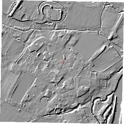 Shaded relief map of the ground around SL46EB, computed from Environment Agency LiDAR. The ground here sits at about 20 m above sea level and falls 15 m across the surrounding 800 m. Surface water reaching this point runs off ground lying to the south-south-east, 2.1 m higher.