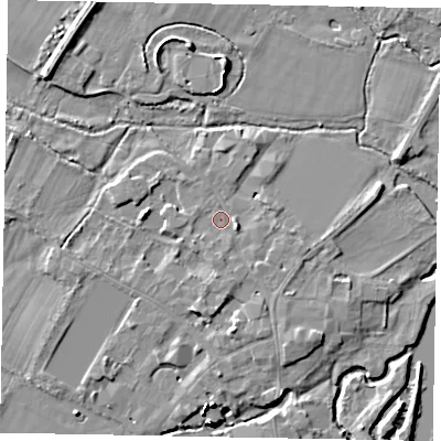 Shaded relief map of the ground around SL46ED, computed from Environment Agency LiDAR. The ground here sits at about 20 m above sea level and falls 15 m across the surrounding 800 m. Surface water reaching this point runs off ground lying to the east-south-east, 2.3 m higher.