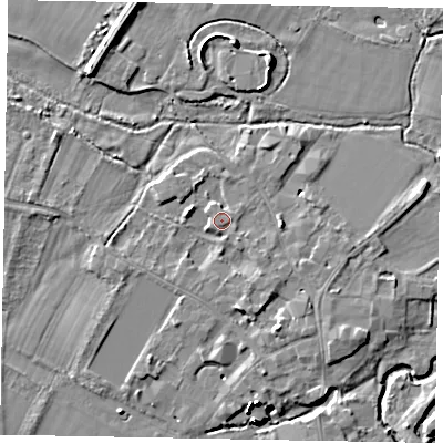 Shaded relief map of the ground around SL46EE, computed from Environment Agency LiDAR. The ground here sits at about 21 m above sea level and falls 15 m across the surrounding 800 m. Surface water reaching this point runs off ground lying to the west-north-west, 2.3 m higher.